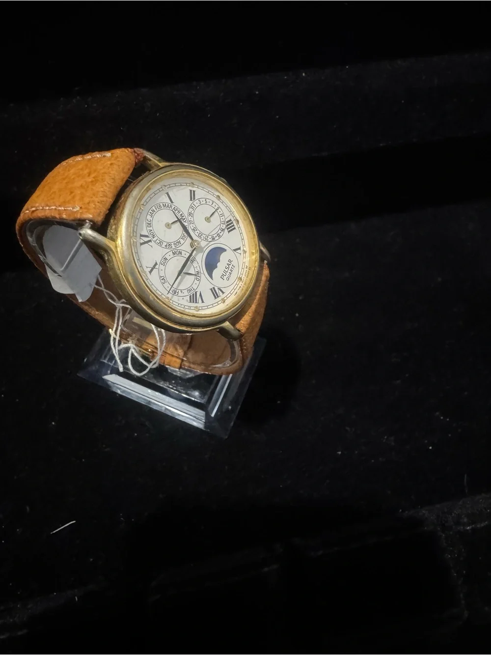 Pulsar White Dial Moonphase Watch with Tan Leather Strap